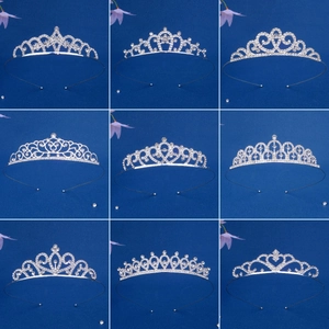 Set of nine silver rhinestone tiaras and crowns for girls with heart and floral designs