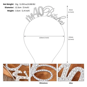 Vue détaillée du diadème strass 40 ans avec poids du produit et dimensions précises