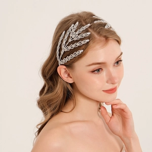 Serre-tête de Mariée de Luxe en Alliage d'Argent avec Zircone et Strass Feuille Coiffe de Mariage Banquet Accessoires Cheveux Femme