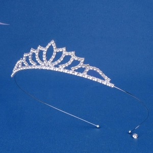 Close-up of a silver rhinestone tiara featuring detailed crystal flower petal patterns