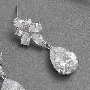 Elegant teardrop zircon drop earrings in silver finish for bridal and evening occasions
