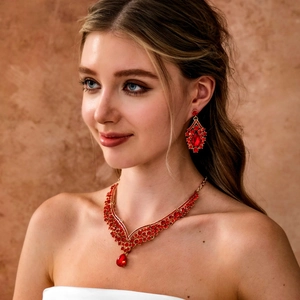 Nahaufnahme von luxuriösem Brautschmuck-Set mit rubinroten Kristallen und Ohrringen