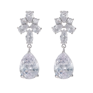 Elegant silver teardrop earrings with sparkling zircons in a floral cluster design
