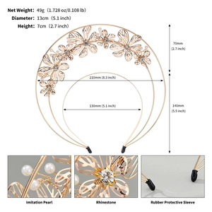 Detail of gold floral halo crown featuring imitation pearls and sparkling rhinestones