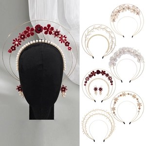 Vintage Lolita Halo Hair Crown Gold Alloy Imitation Artificial Pearl Flower Headband For Women Wedding Party Fashion Show Accessories