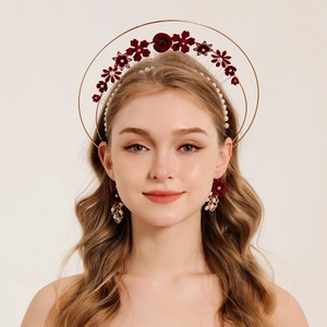 Vintage Lolita halo crown with burgundy handmade flowers and pearls, matching earrings set