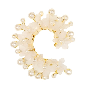 Handmade white resin flower and pearl ear cuff with gold metal wire for non-pierced ears