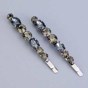 Barrettes à cheveux étincelantes en strass gris-bleu et jaune moutarde sur base argent
