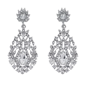 Vintage silver alloy drop earrings with sparkling pear-cut rhinestones for bridal weddings
