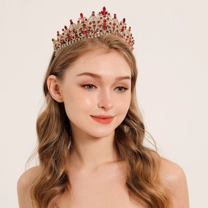 Elegant gold bridal tiara with red rhinestones for weddings and pageants