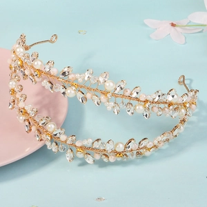 Handgefertigter Kristall Strass Künstliche Perle Blatt Girlande Haarreif Doppelschicht Gold Brautkrone Für Hochzeit Party Urlaub Damen Schmuck