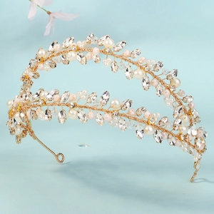 Handgefertigter goldener Kristall Blumenhaarreif mit Perlen und zweilagigem Design