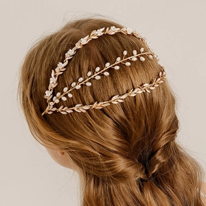 Serre-tête de mariée doré à trois couches avec feuilles en émail blanc et perles