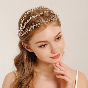 Bandeau de Mariée Feuille d'Or Künstliche Perle Strass Perlé Serre-tête Fait à la Main Accessoires de Cheveux Mariage pour Femme Fête Séance Photo