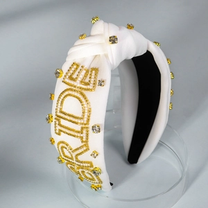 Retro White Knotted Bridal Headband With Gold Bride Letter Beaded Rhinestone Padded Wide Hairband For Wedding Party Women Jewelry