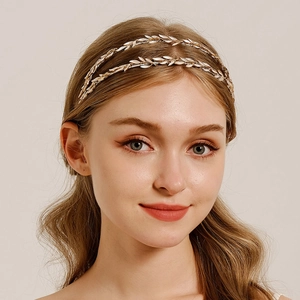 Golden double-layer leaf headband for weddings and elegant retro bridal hair styling