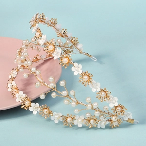 Handmade golden wire headband with white flowers and pearls for bridal wedding hair