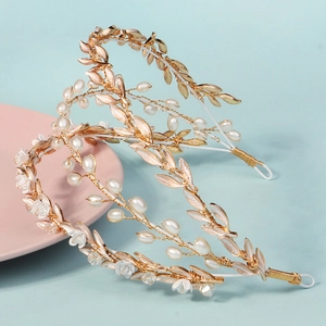 Floral bridal headband with white pearls and flowers on golden wire vines