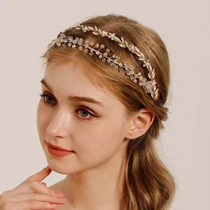 Handmade double-layered flower hairband with white pearls and gold leaves for brides