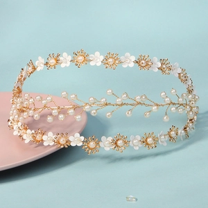 Serre-tête floral fait main avec perles et fil doré pour la coiffure de mariage