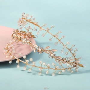 Serre-tête de mariée fait main avec feuilles dorées, perles et cristaux pour coiffure