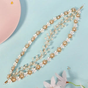 Vintage floral bridal headband with handmade white flowers and pearls on golden wire