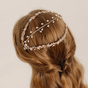 Vintage Gold Bridal Headband Handmade Artificial Pearl Rhinestone Leaf Flower Hair Vine Wedding Party Women Hair Accessories