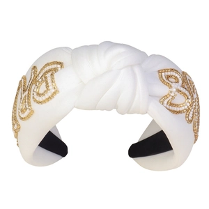 Elegant white knotted bridal headband with gold MRS beaded letters for wedding hair