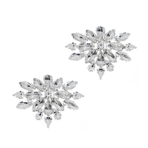 Detailed macro view of silver snowflake shoe clips with sparkling crystal rhinestones