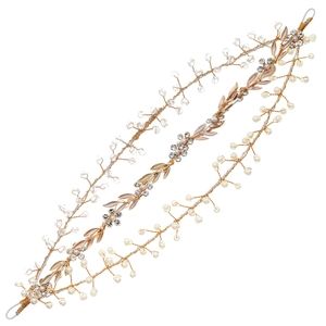 Lot de trois bandeaux de mariée avec feuilles dorées, perles blanches et cristaux