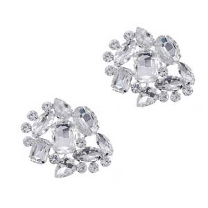 Macro shot of silver alloy wedding shoe clips with clear crystal floral rhinestone design