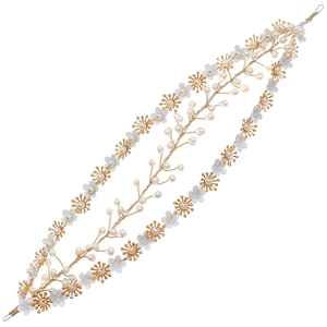 Vigne de cheveux dorée faite main avec fleurs blanches et perles pour mariages