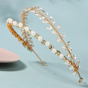 Handgefertigter goldener Kristallblatt-Haarreif mit eleganten Perlen und Strass
