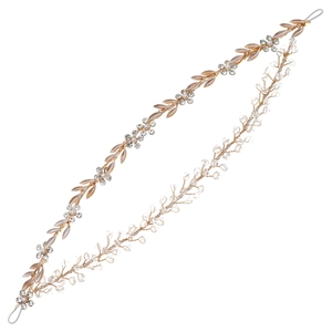Double-layered floral headband with golden leaves, pearls and crystal beads