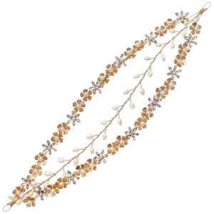 Three-layer golden floral headband with handmade pearls and rhinestones for bridal hair