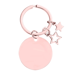 Llavero de acero inoxidable oro rosa con placa redonda y colgantes de estrella