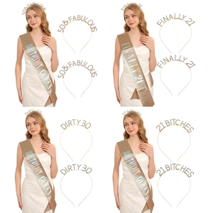 Ensemble écharpe d'anniversaire or champagne et diadème en strass pour femmes