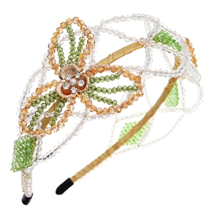 Serre-tête en cristal fait main avec fleurs dorées et perles ambrées pour les mariages