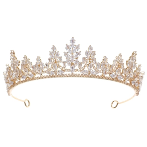 Couronne de mariée de luxe dorée avec zircons cristallins et motif de feuilles brillantes