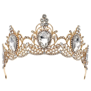 Golden Baroque bridal crown with pear-shaped crystals and vintage leaf patterns on white background