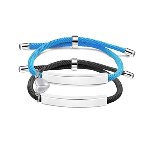 Couples woven rope bracelets with magnetic heart charm and engravable stainless steel bar