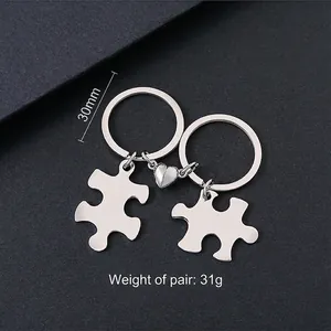 Macro view of puzzle stainless steel keychains with heart magnet and 30mm ring