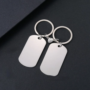 Polished stainless steel magnetic heart couples keychain set with blank dog tag pendants