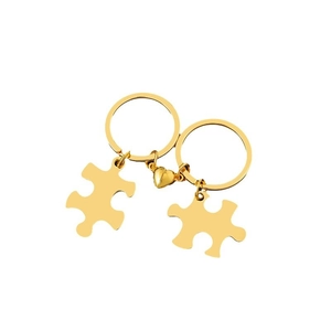 Golden magnetic heart puzzle couple keychain set in polished stainless steel for gifts