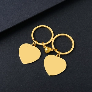 Polished gold stainless steel heart shaped magnetic keychains for couples gift
