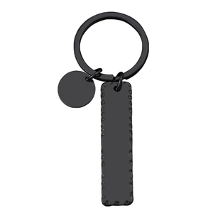 Matte black stainless steel keychain with hammered edge rectangle and round pendant tag