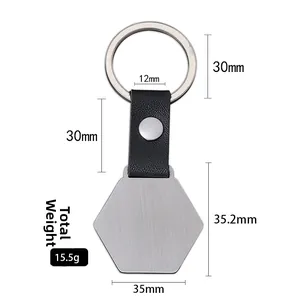 Hexagonal blank metal keychain with black pebbled leather strap for laser engraving