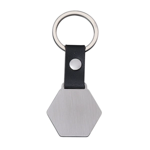 Hexagon metal key ring with black textured leather strap and polished stainless steel tag