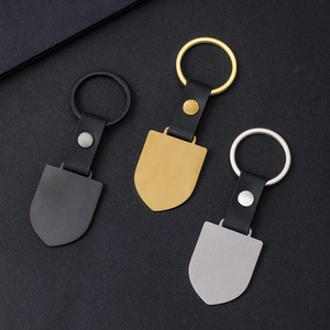Brushed Stainless Steel Shield Keychain With Litchi Grain Leather Strap Blank For Laser Engraving Personalized Gift Accessory