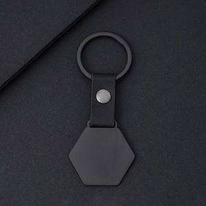 Industrial hexagonal matte black metal keychain with lychee pattern leather strap and ring